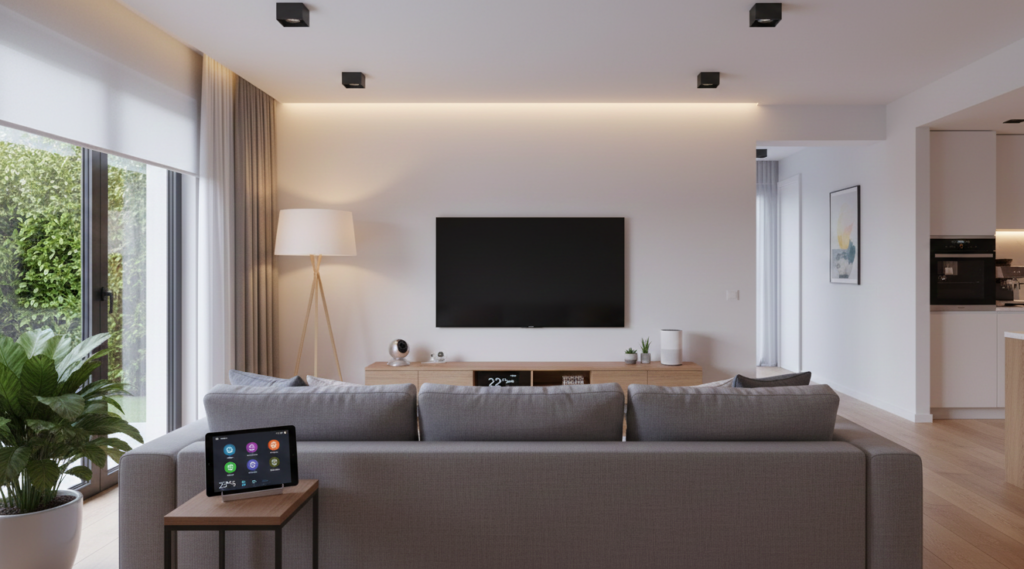Salón moderno con equipo de domótica e IoT